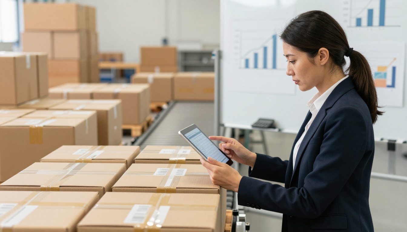 Woman reviewing packaging costs on a tablet in a warehouse.