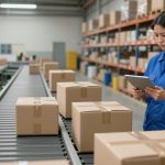 An operations manager examines stacked boxes blocking a warehouse conveyor line.