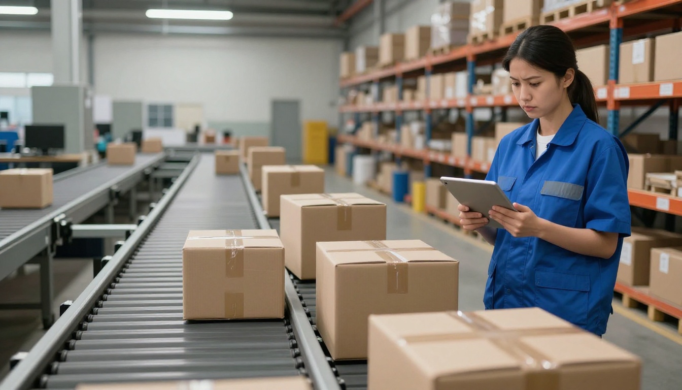 An operations manager examines stacked boxes blocking a warehouse conveyor line.