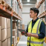 Warehouse manager examining a tablet beside an empty pallet space.