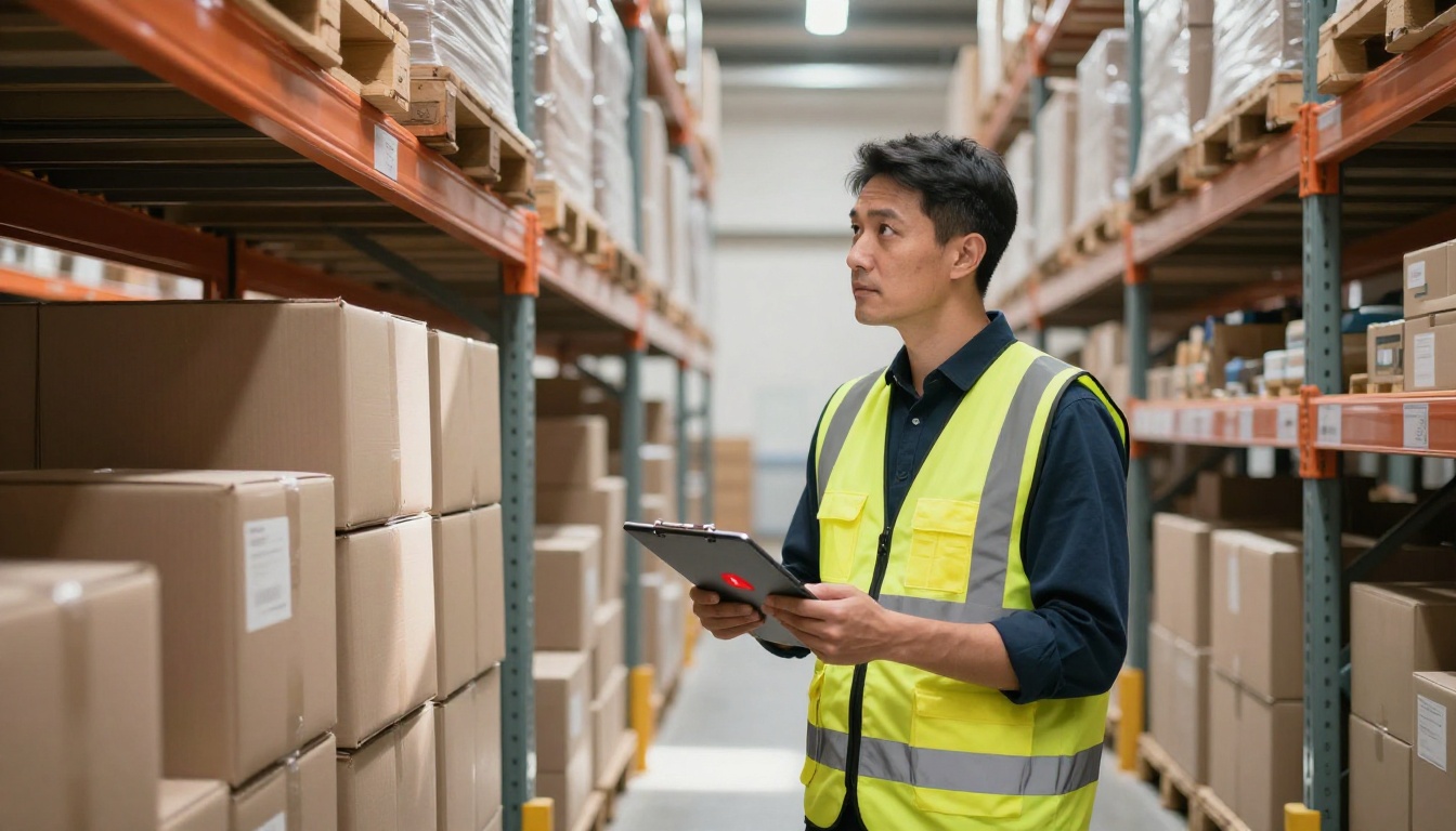 Warehouse manager examining a tablet beside an empty pallet space.