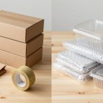 A split display comparing brown paper packaging materials and clear plastic containers on a wooden table.