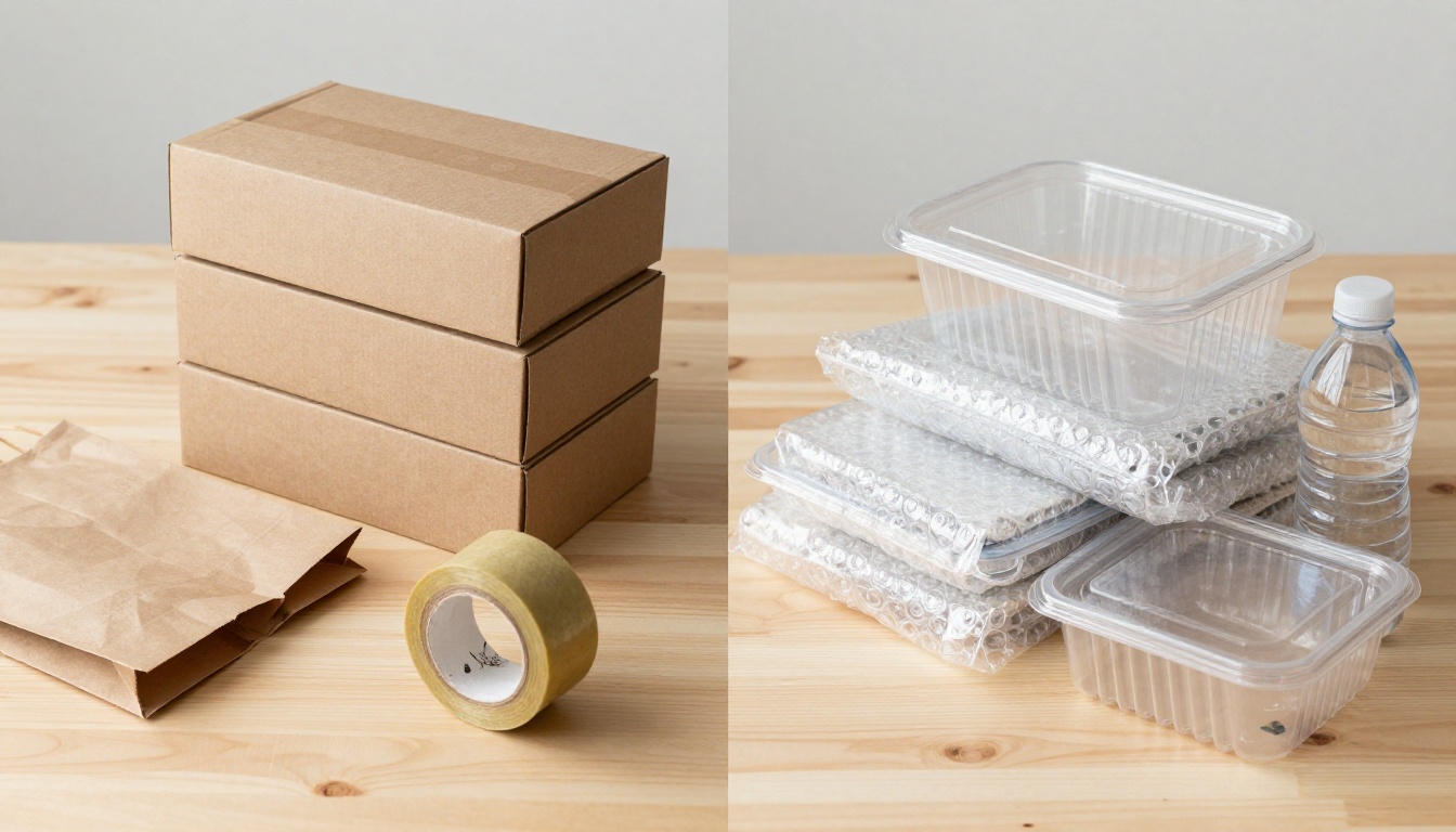 A split display comparing brown paper packaging materials and clear plastic containers on a wooden table.