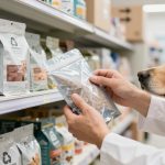 A specialist inspects a pet food pouch near a curious dog on a store shelf.