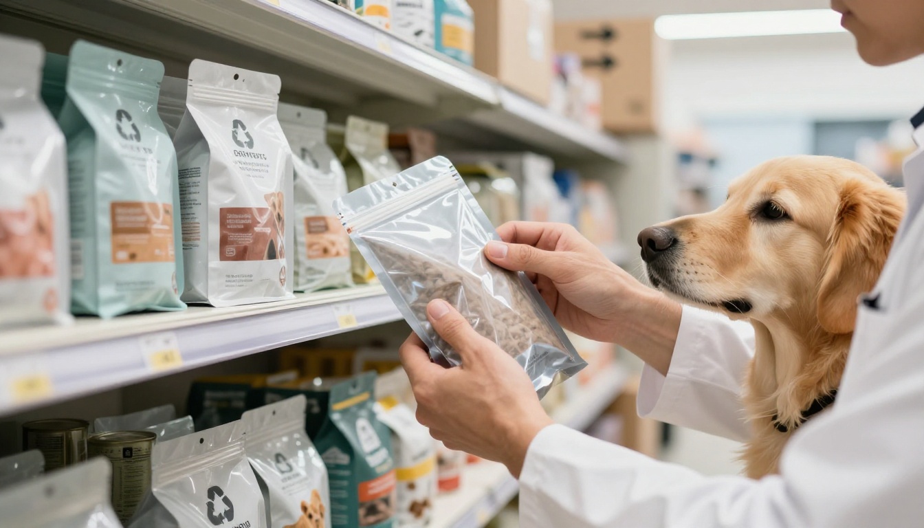 A specialist inspects a pet food pouch near a curious dog on a store shelf.