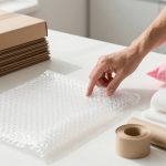 Boxes and protective packing materials arranged on a bright tabletop with a gloved hand reaching between them.