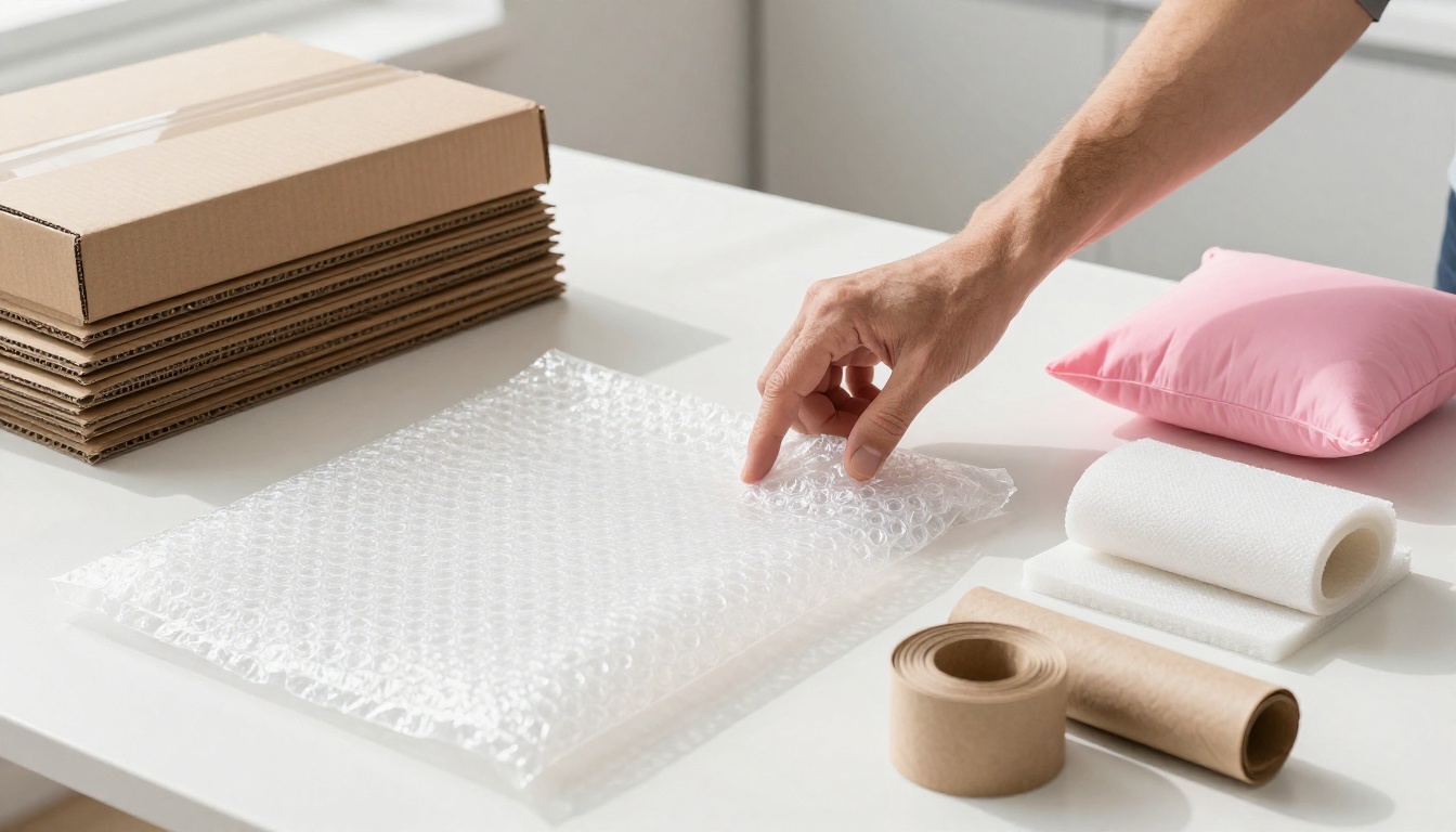 Boxes and protective packing materials arranged on a bright tabletop with a gloved hand reaching between them.