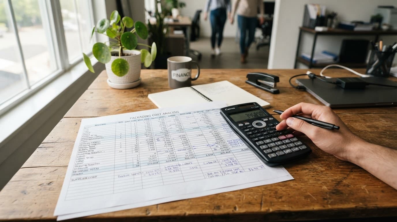 A financial spreadsheet and calculator on a wooden desk in natural window light.