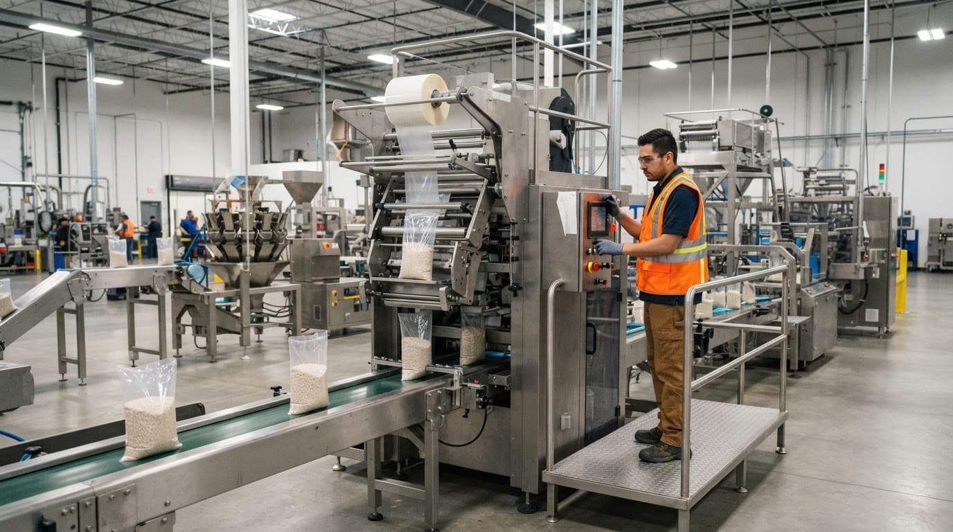An operator in a safety vest oversees an automated packaging machine in a clean factory.