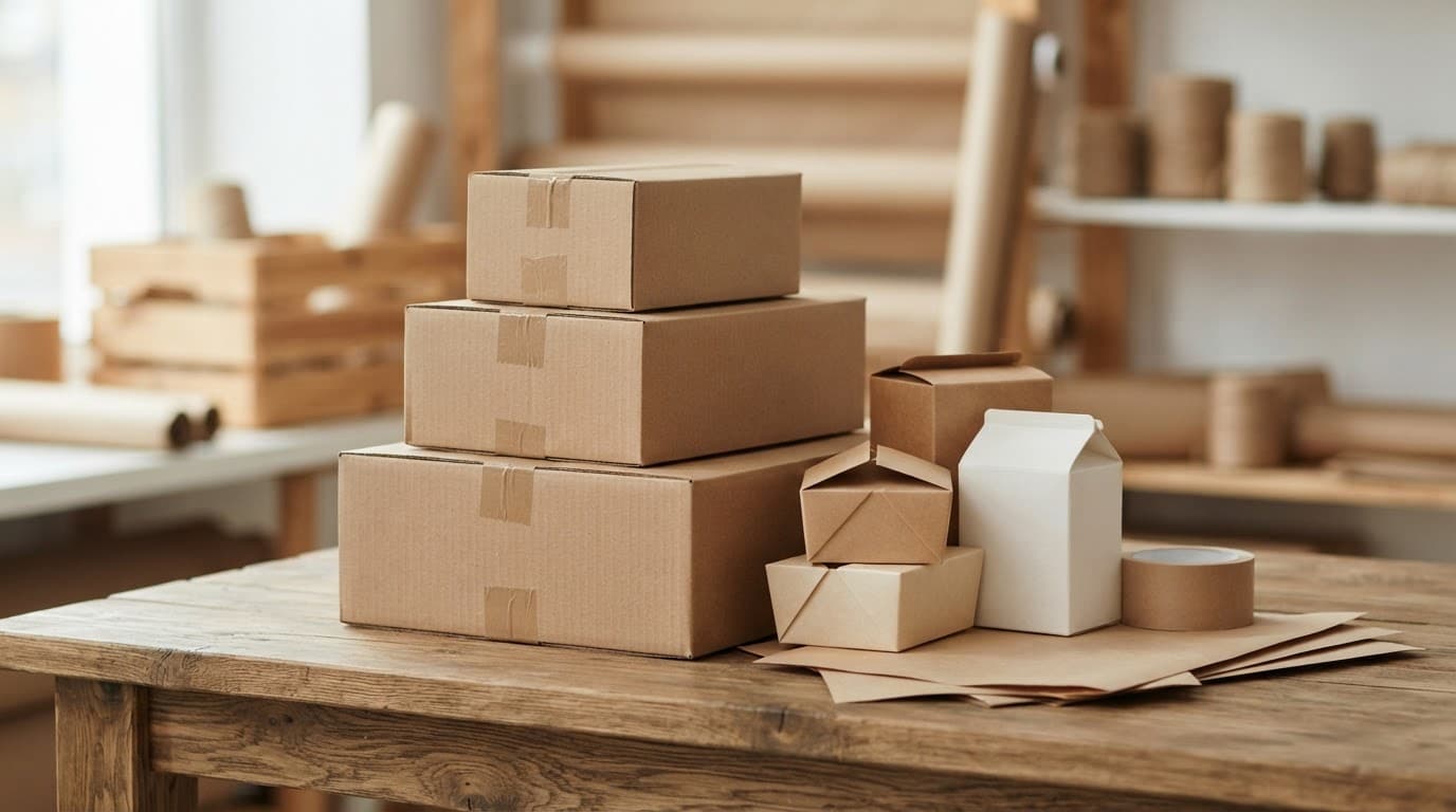 Stacked kraft shipping boxes and paper cartons on a wooden table under natural light.