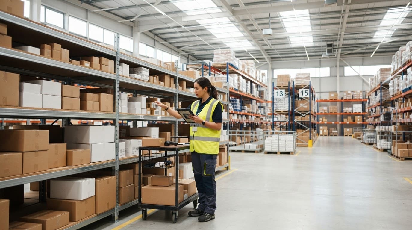 A worker in safety gear reviewing inventory along tall metal warehouse shelves.