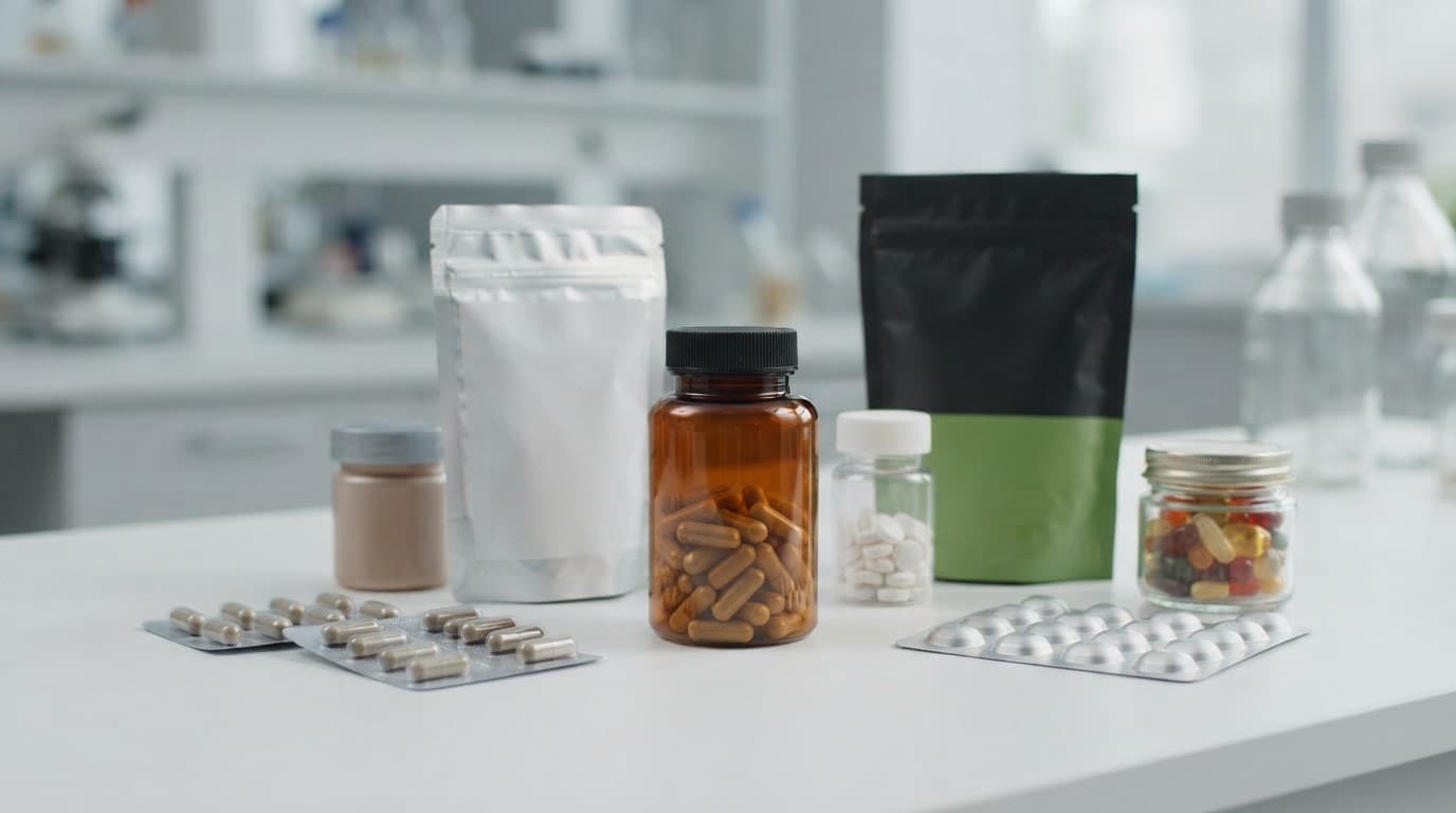 Supplement bottles, pouches, and blister packs arranged neatly on a clean tabletop.