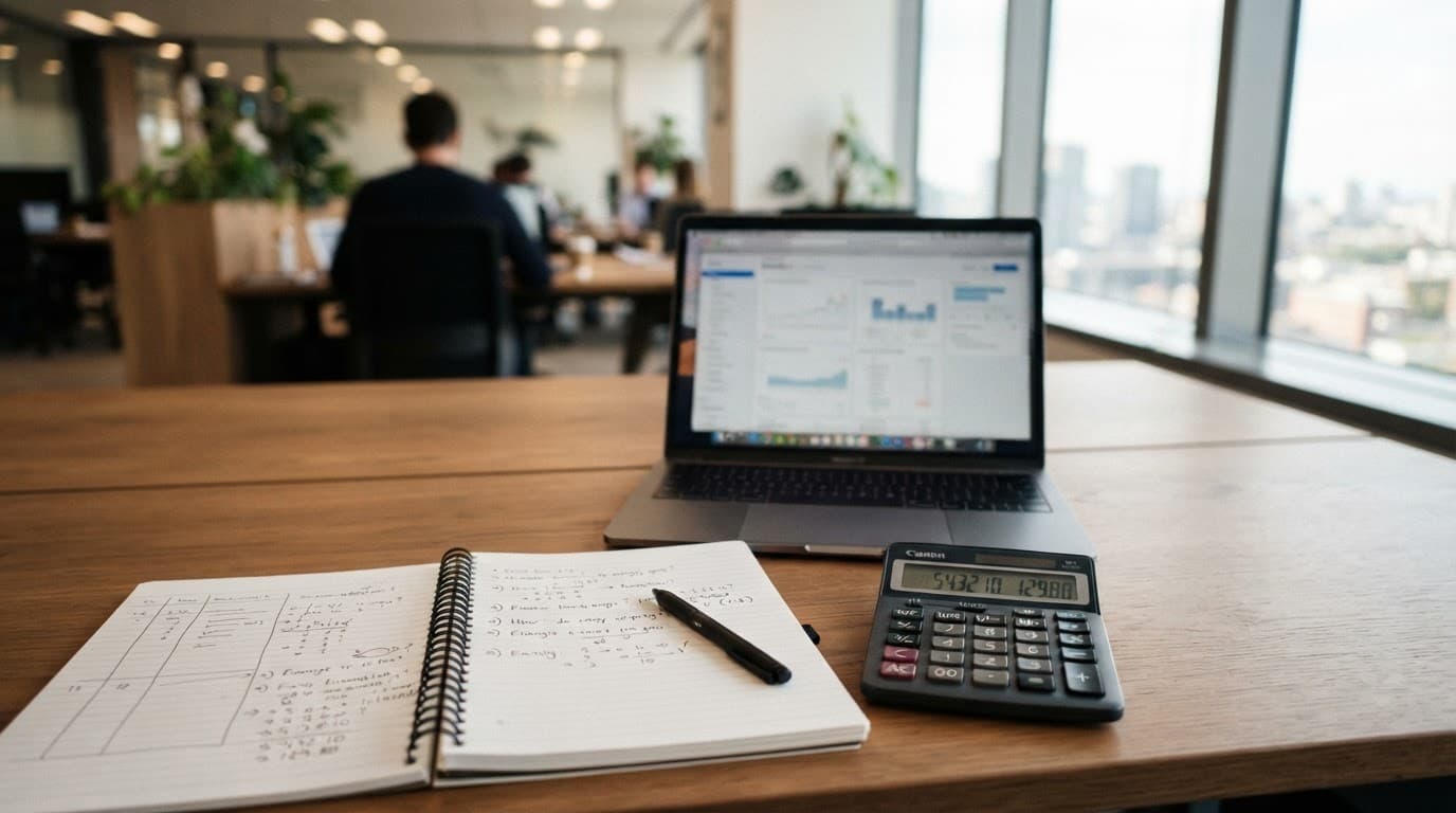 Office desk with a laptop, calculator, and notebook, with one blurred person in the background.