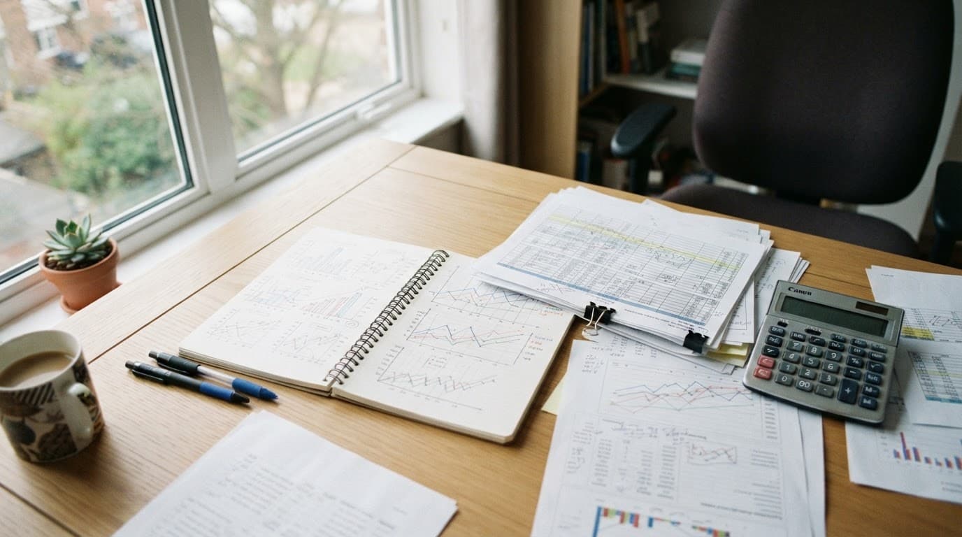 Calculator, financial notes, and graph-filled notebook on a clean desk by a window.