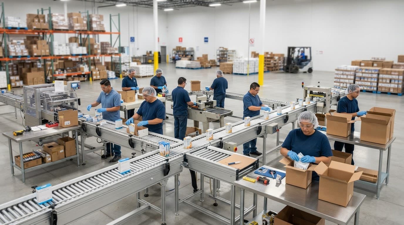 Operators work beside an organized packaging line in a bright warehouse.