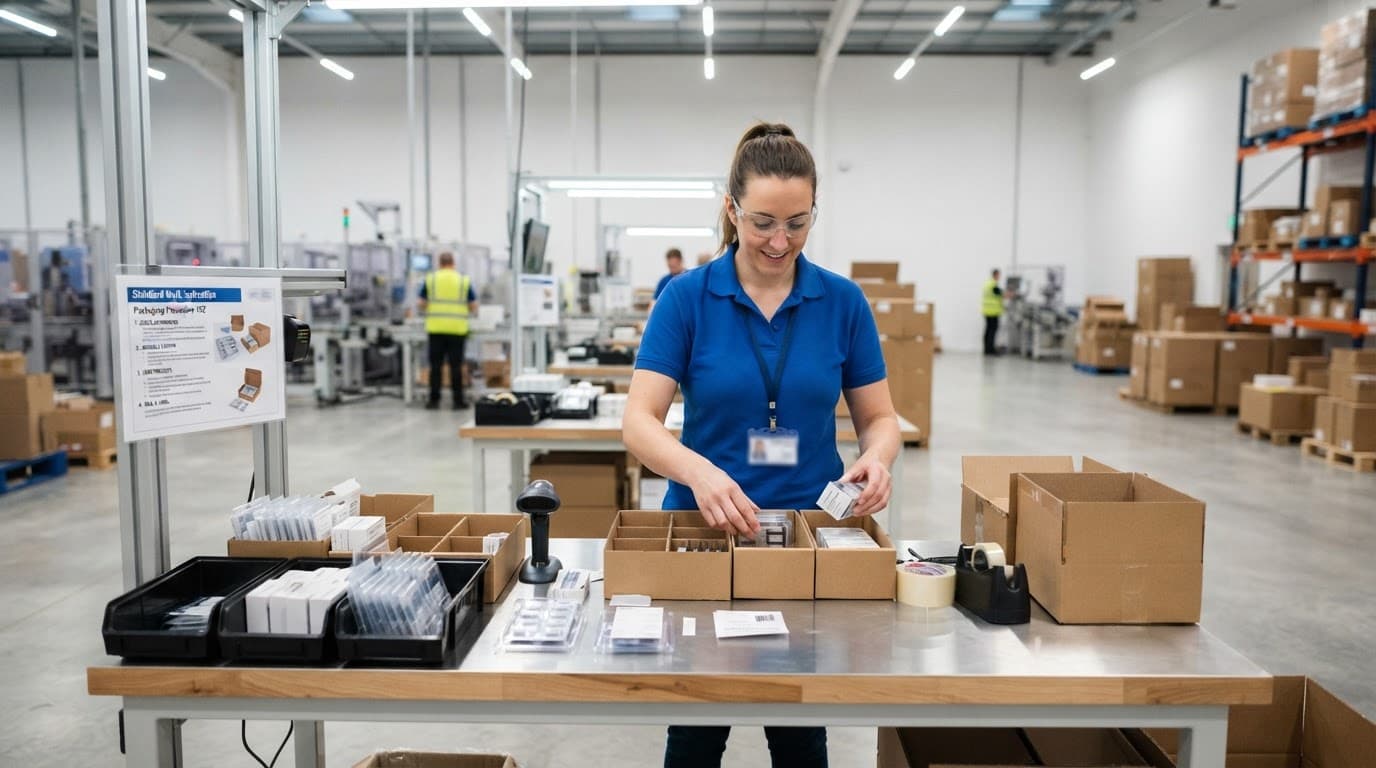 Worker organizing packaging materials on a clean assembly table.