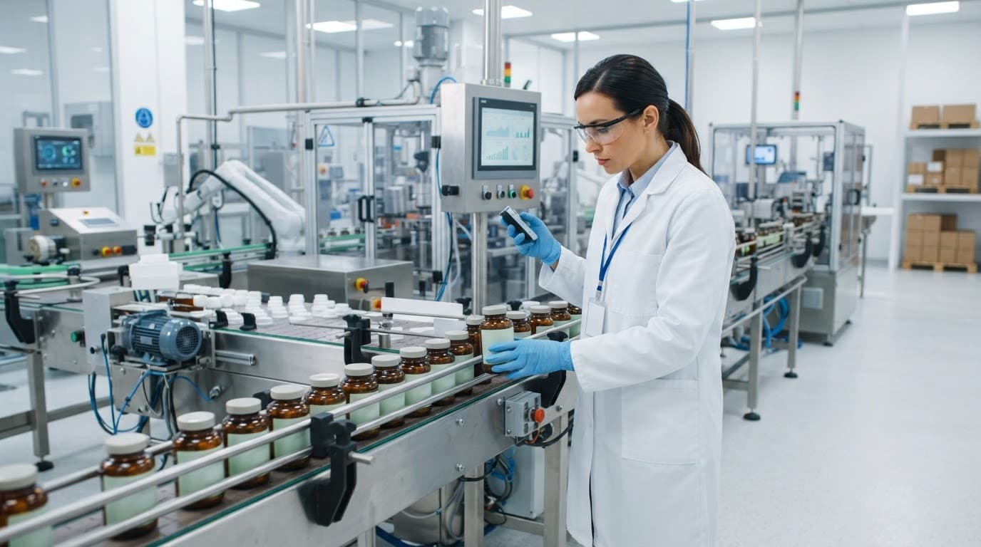 An inspector in a white lab coat reviewing packaging on an automated assembly line.