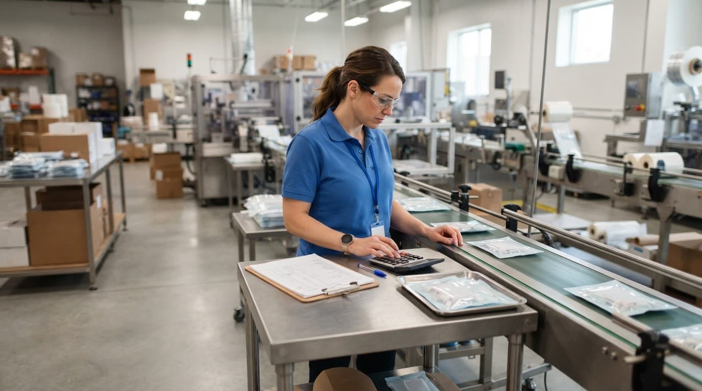 A worker checks packaged cartons with a clipboard and calculator on a production line.