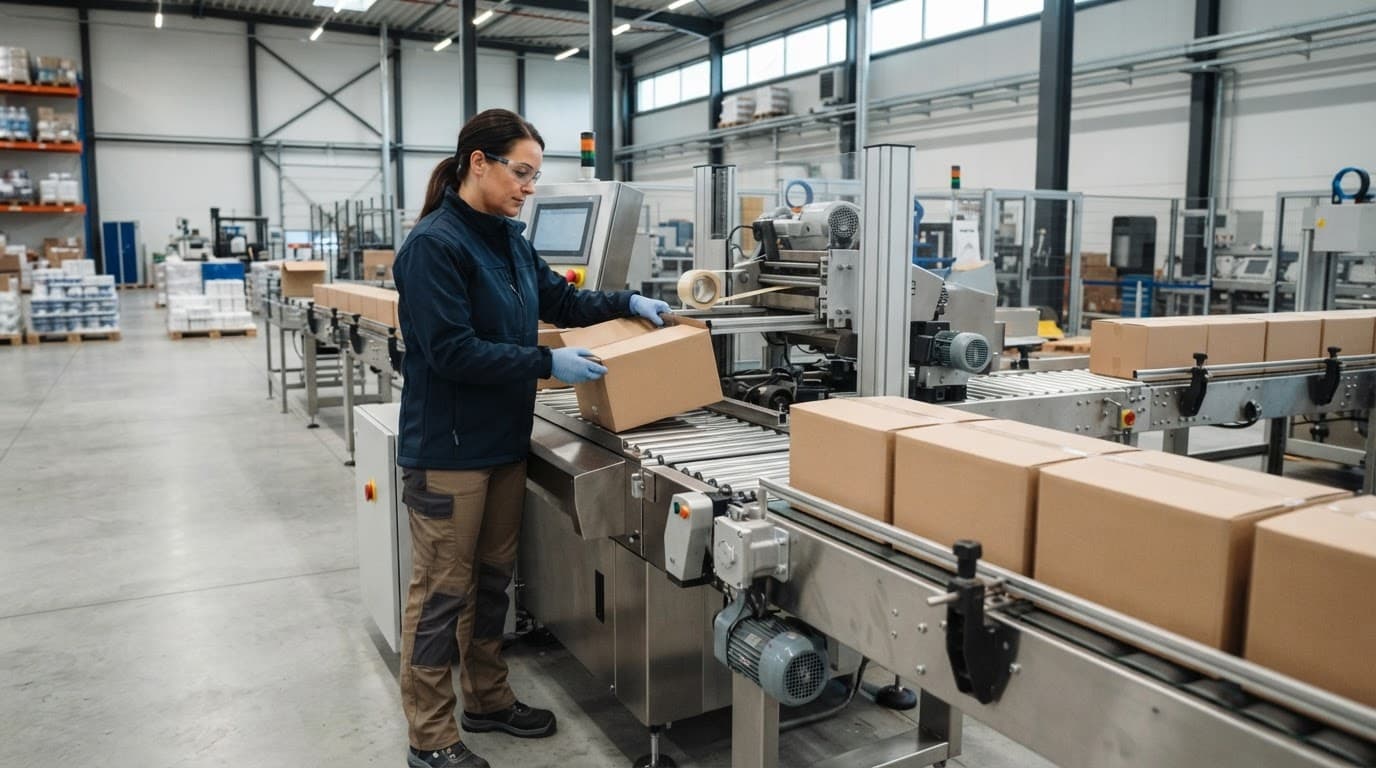 A supervisor inspects cartons beside a conveyor in a clean warehouse.