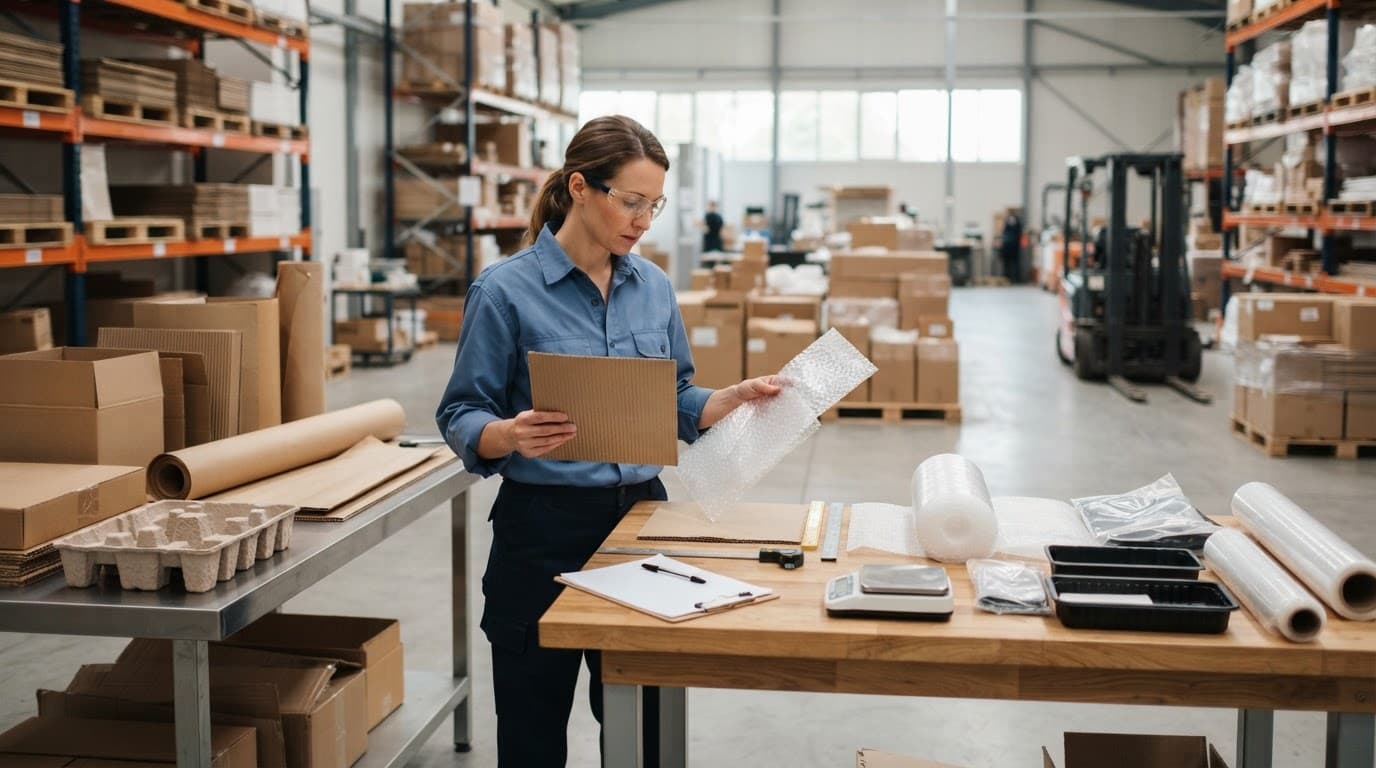 A worker in a warehouse inspects paper and plastic packaging samples side by side.