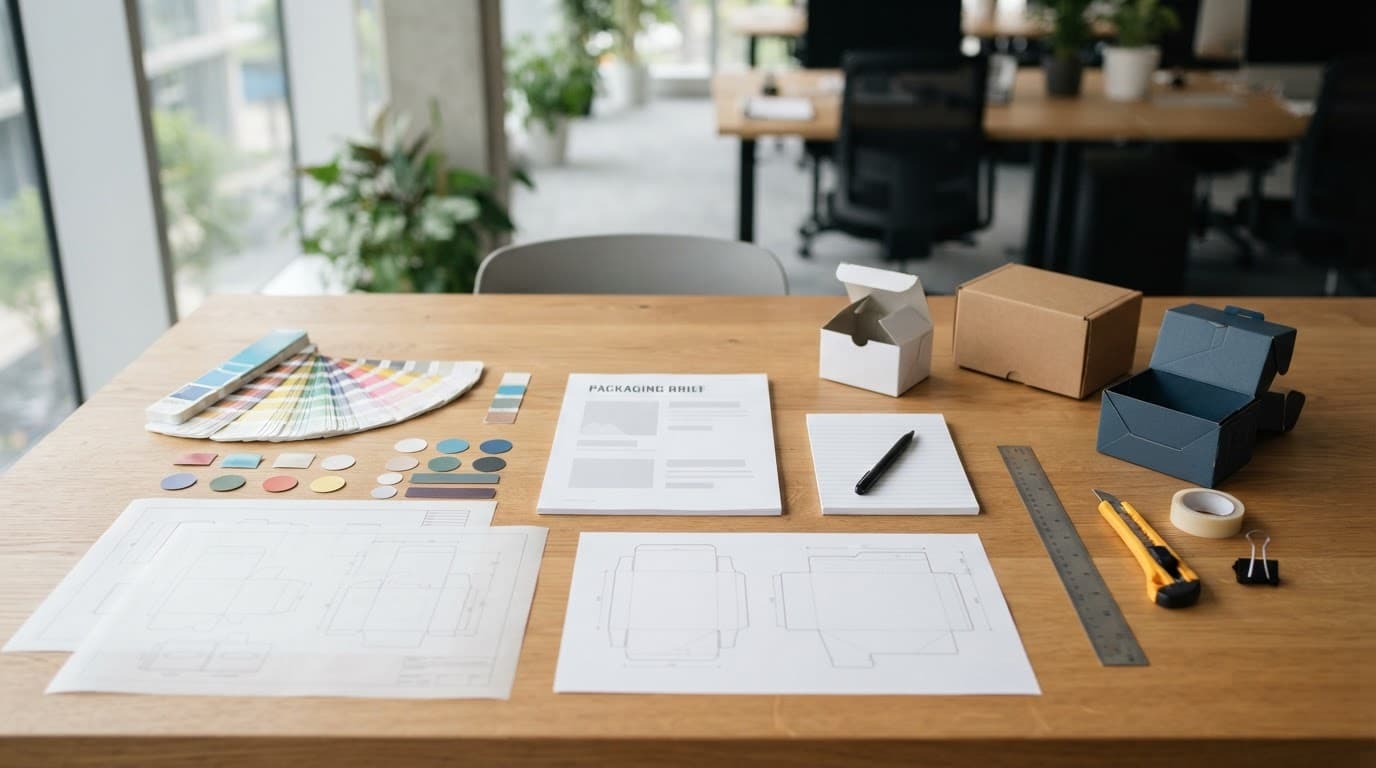 A packaging planning table with color swatches, carton drawings, and sample boxes in natural light.