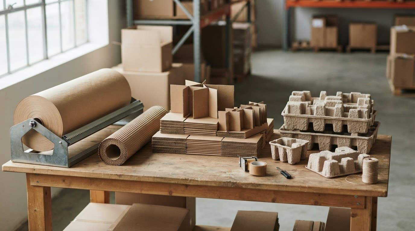 Kraft paper rolls, corrugated inserts, and molded pulp trays on a warehouse workbench.