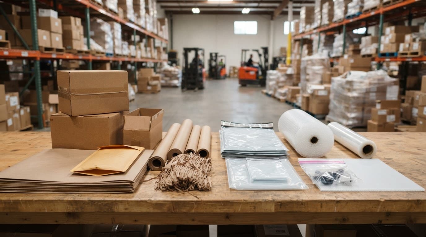 Corrugated boxes and plastic poly bags arranged on a table in a warehouse.