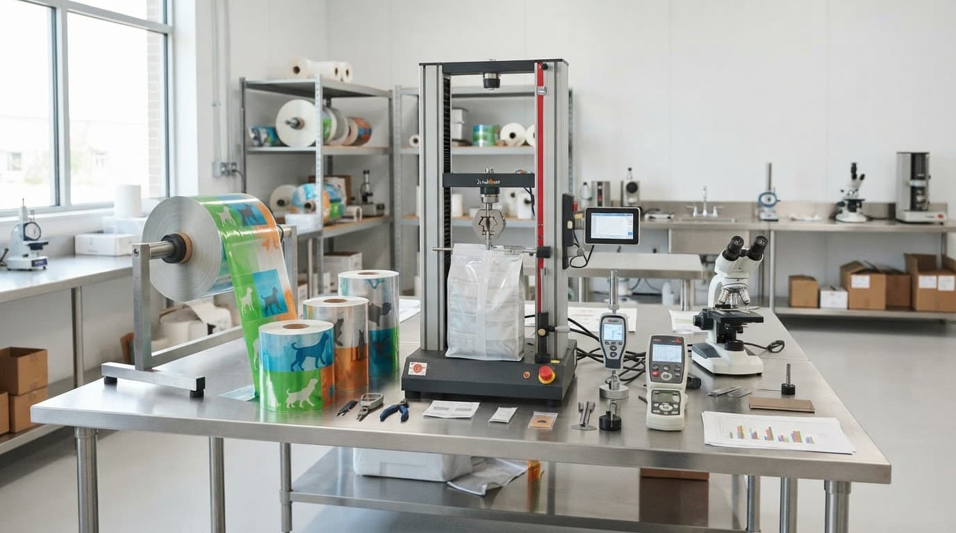 Rolls of pet food packaging film and testing equipment on a metal table.