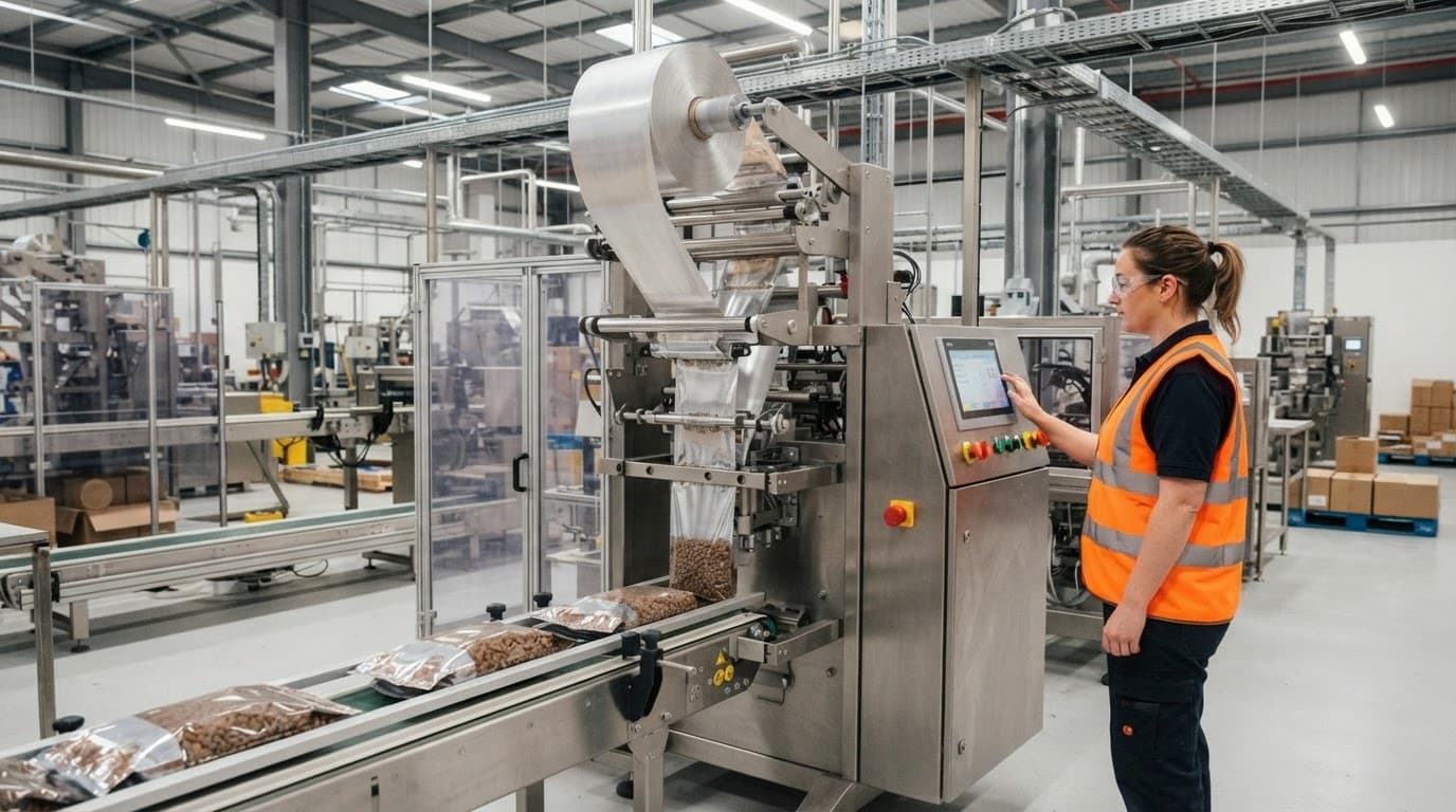 A worker in a safety vest operates a pet food packaging and sealing machine in a bright factory.