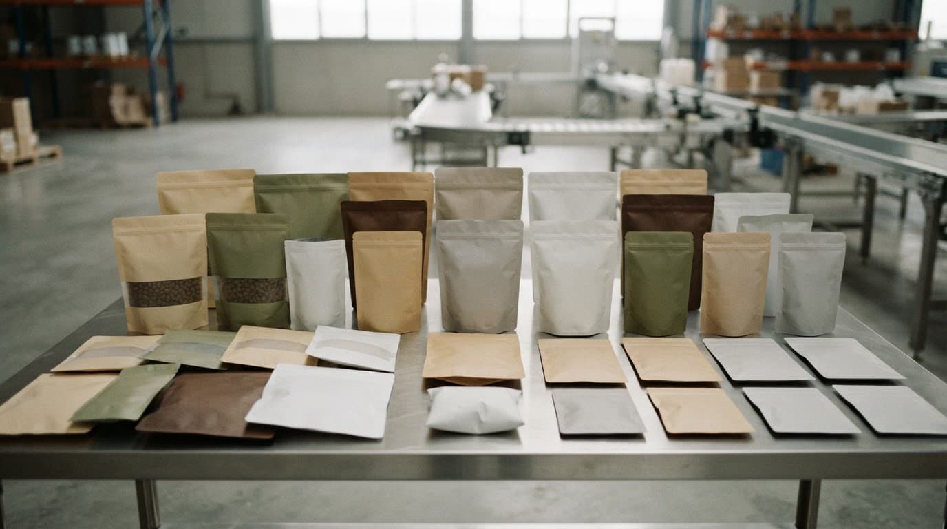 Flexible pouches and bags of pet food arranged neatly on a clean industrial table.