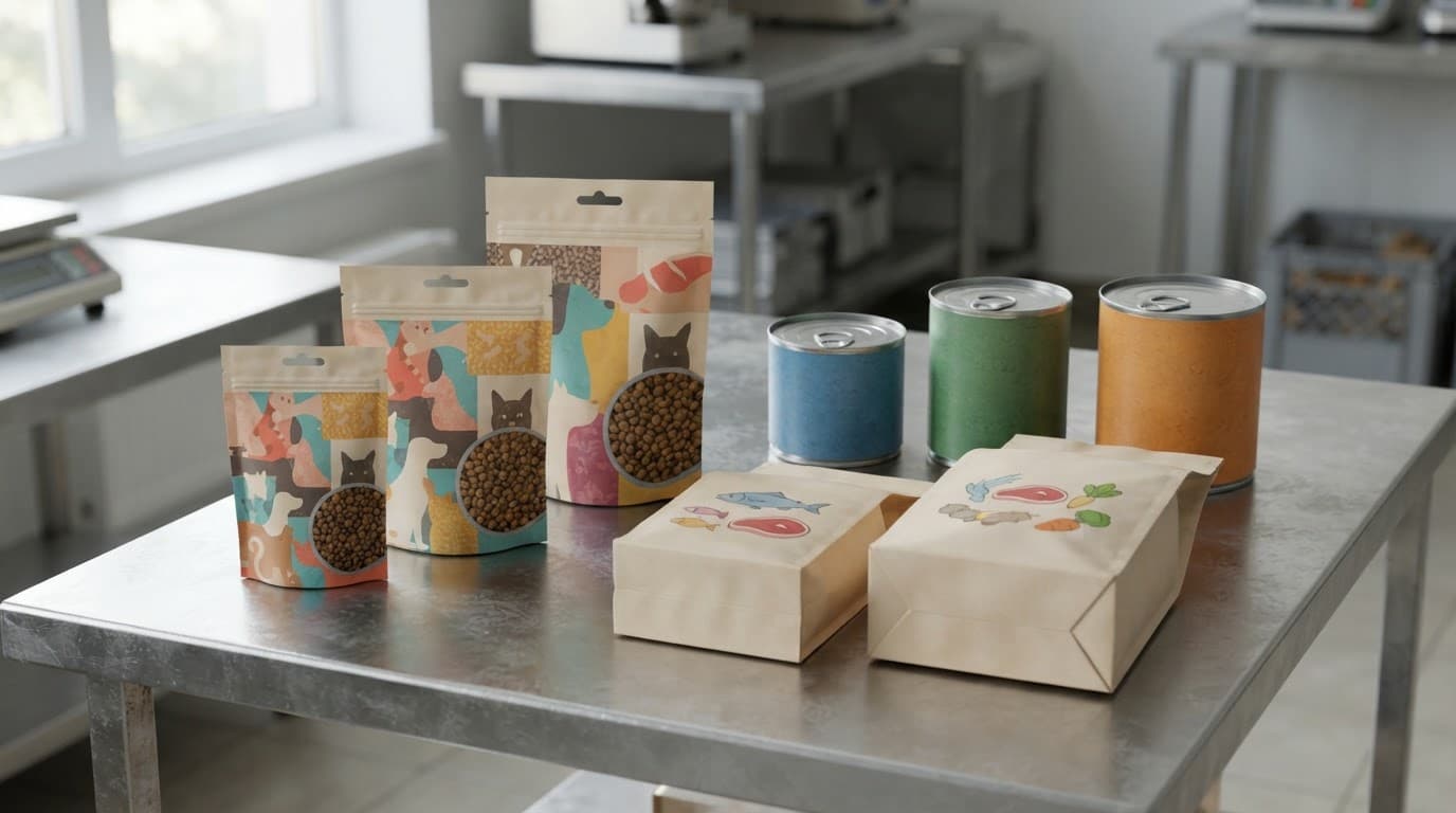 Stand-up pouches, flat-bottom bags, and cans arranged neatly on an industrial table.