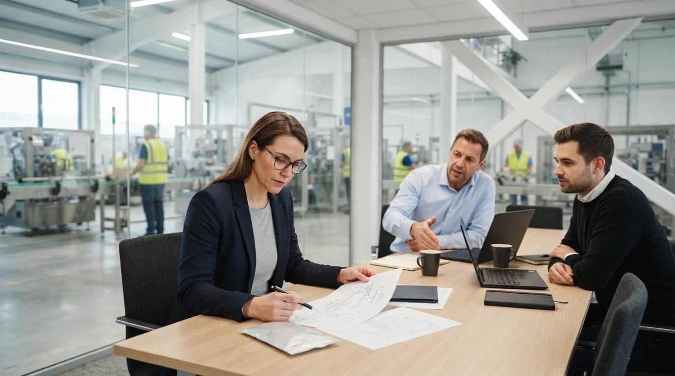 A professional reviewing packaging specifications at a desk in a bright modern office.