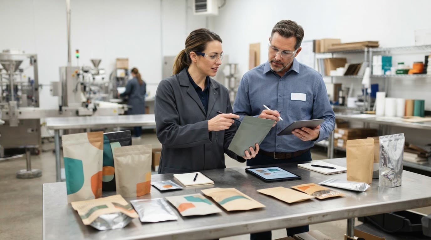 An industrial designer reviewing prototype packaging on a metal table in a bright facility.