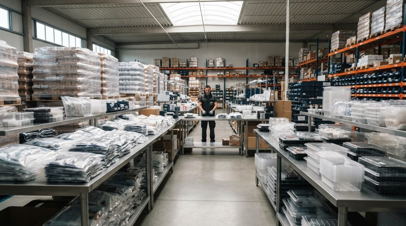 Pallets and plastic containers arranged on stainless steel tables inside a warehouse.