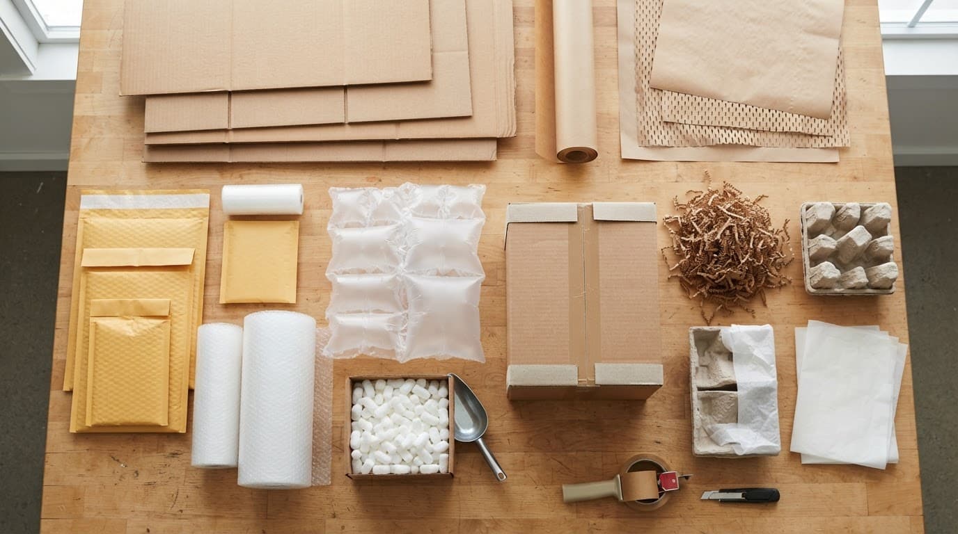 Packaging materials arranged neatly on a warehouse workbench.