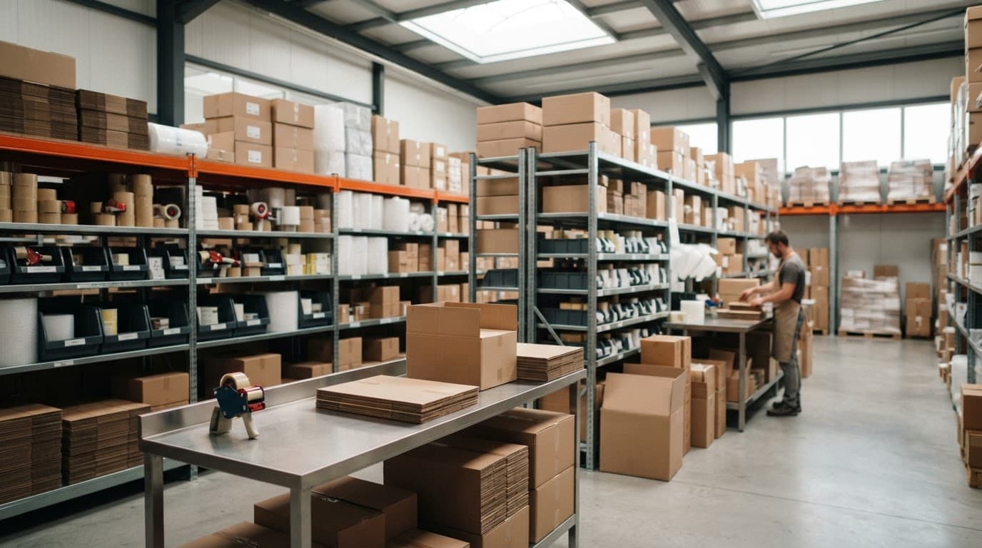 Boxes and packaging materials neatly arranged on warehouse shelves with a blurry worker in the background.