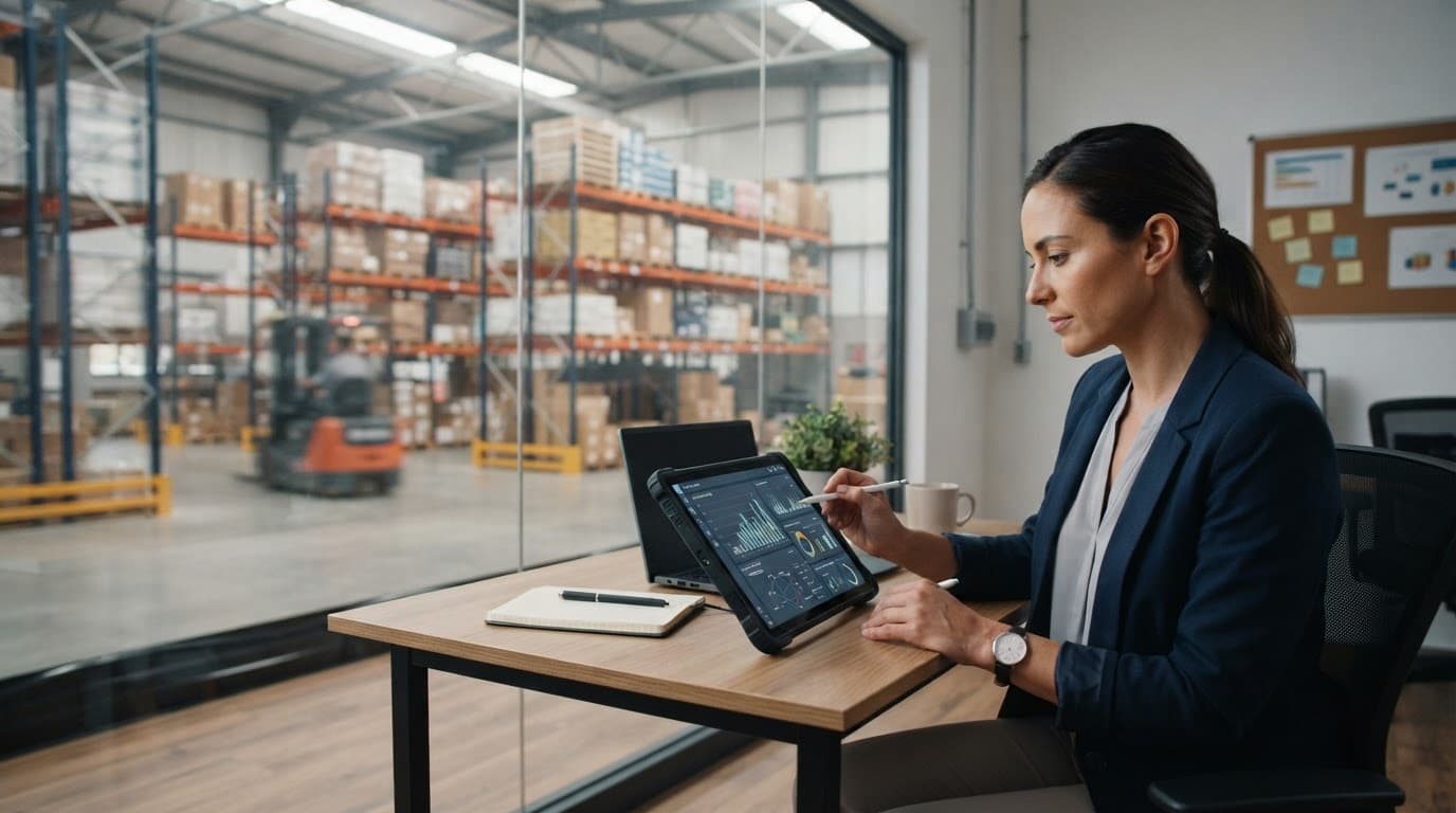 A logistics manager reviews inventory data on a tablet in a warehouse office.