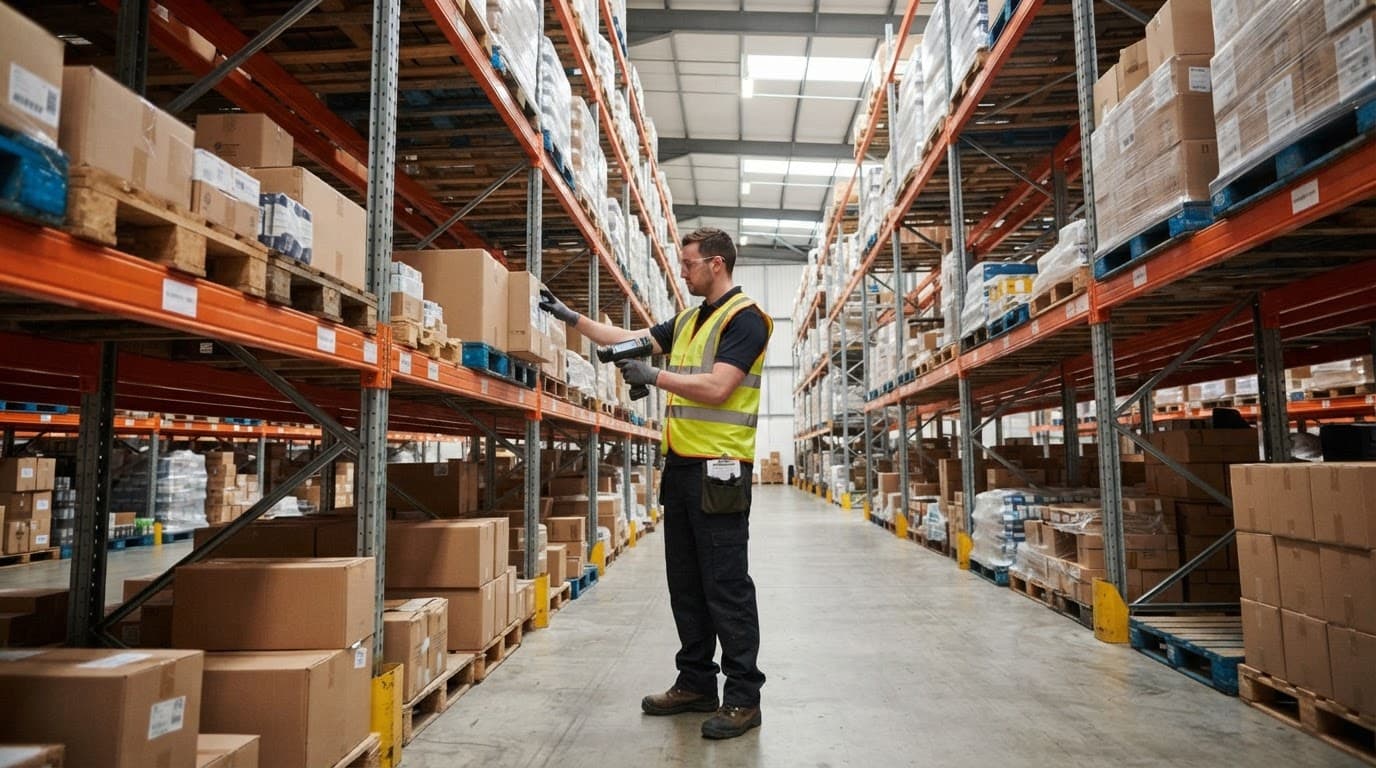 A warehouse worker in a safety vest scans inventory on tall shelves.