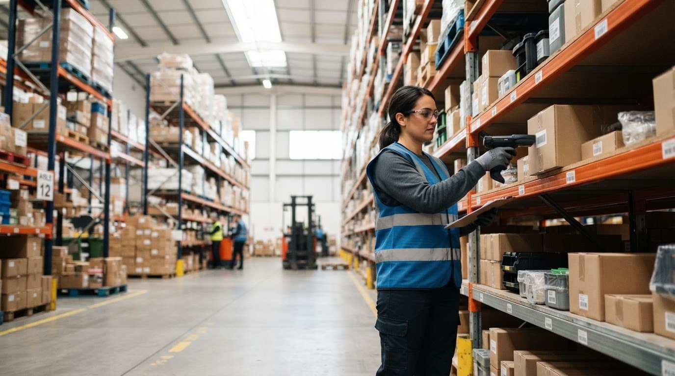A warehouse worker holding a scanner while checking inventory shelves.