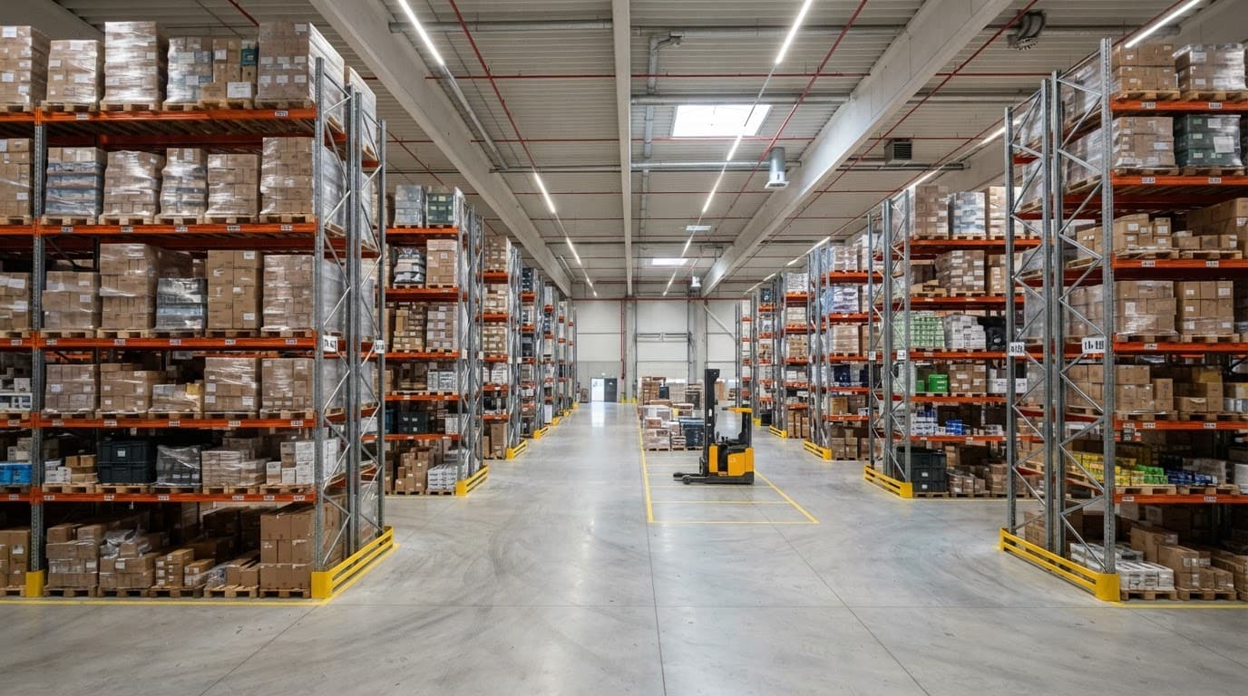Clean warehouse aisle with tall racks, cartons, and stacked pallets.