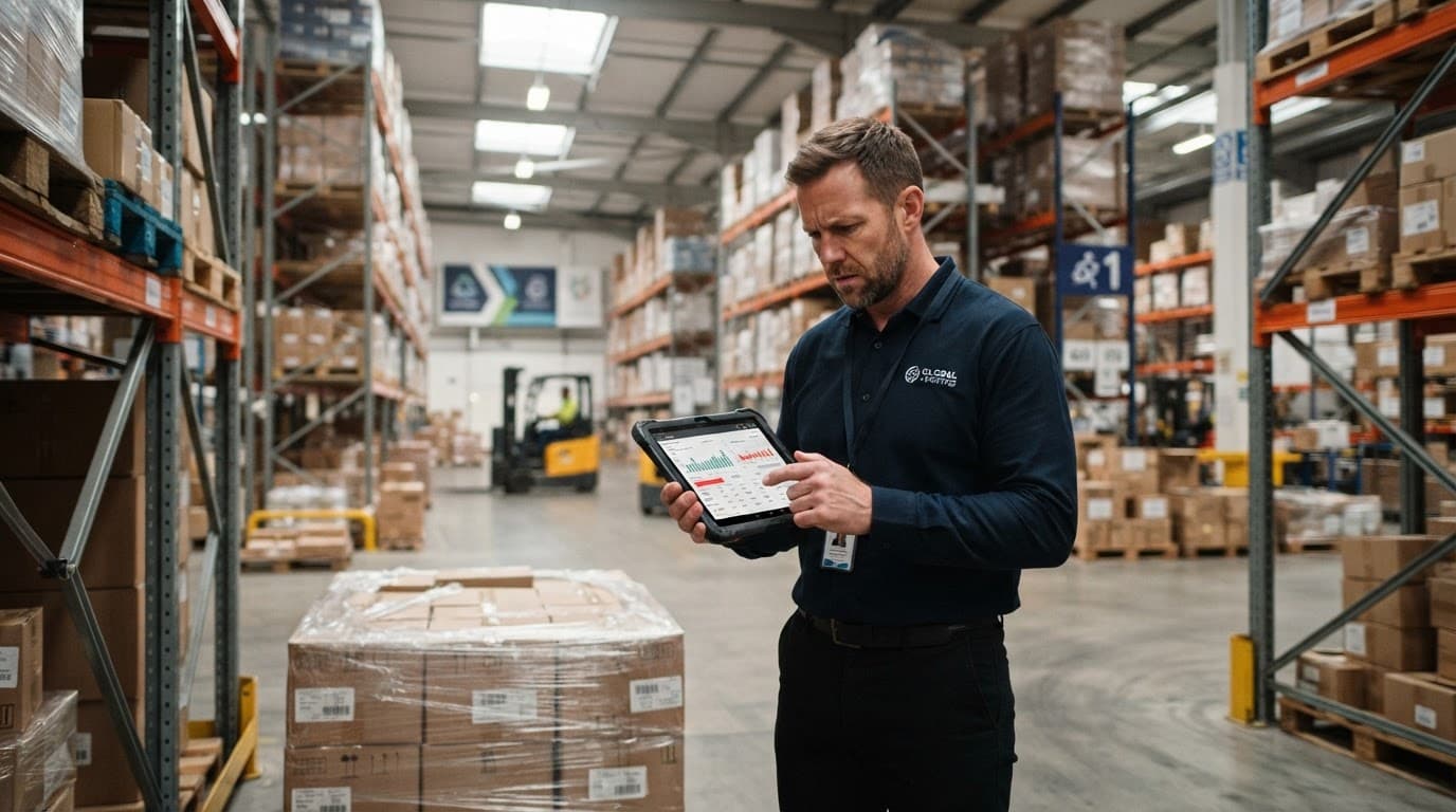 Concerned warehouse manager holding a tablet between tall storage racks.
