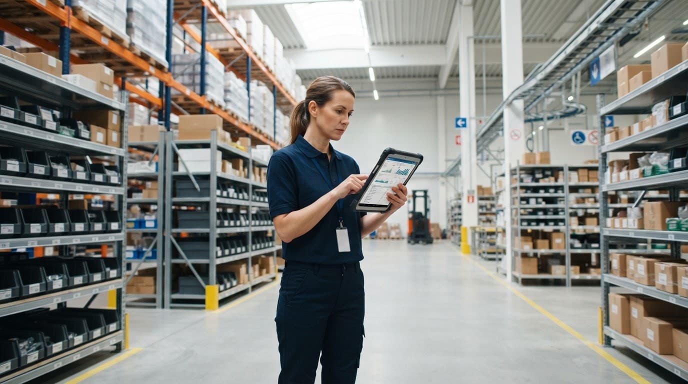 A warehouse manager checks a tablet between organized storage racks.