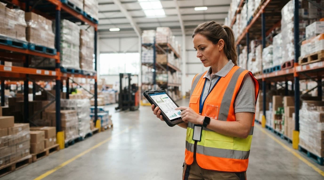 Warehouse supervisor in a safety vest reviewing inventory on a tablet.