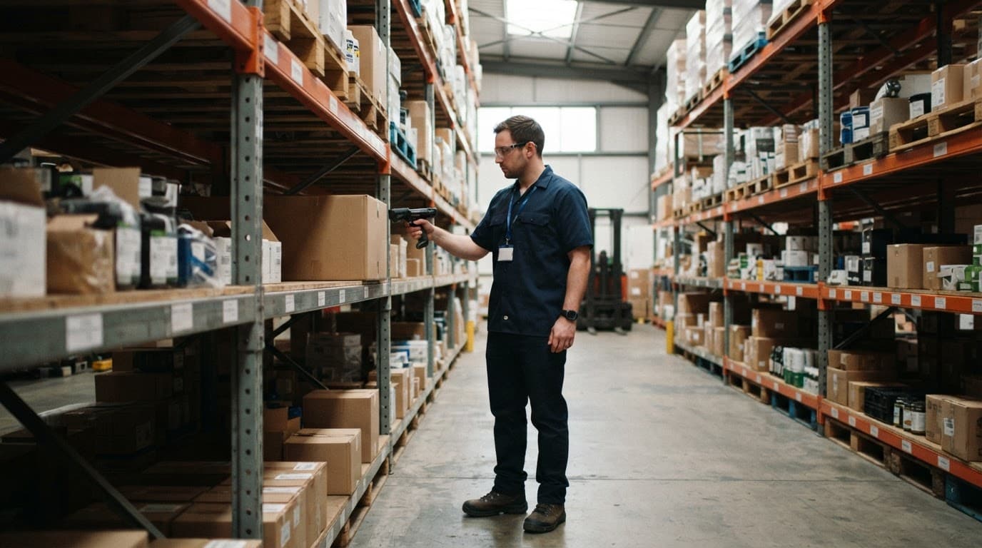 A worker scans inventory beside metal warehouse shelves.