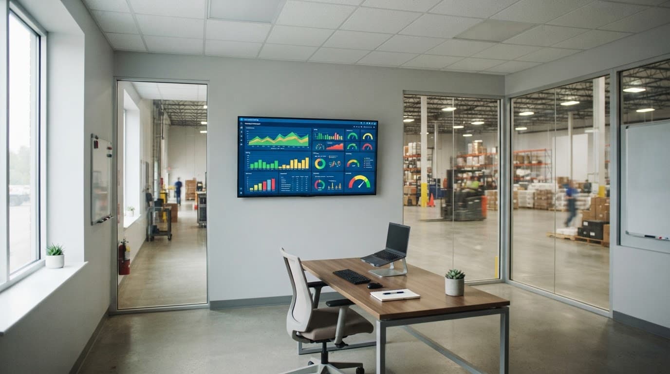 A warehouse office with one monitor showing production charts and KPIs.