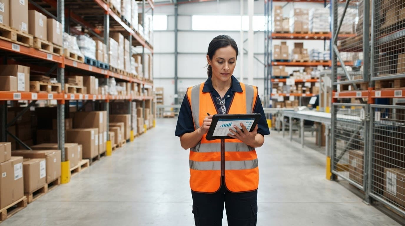 Warehouse manager in a safety vest reviewing a tablet beside tall storage racks.