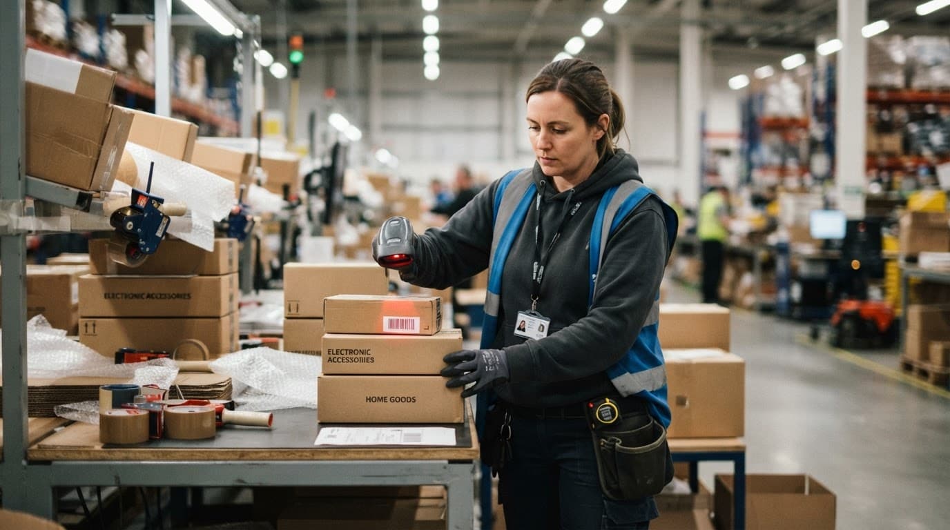 An operator uses a handheld scanner to check barcodes on product cartons at a packing table.