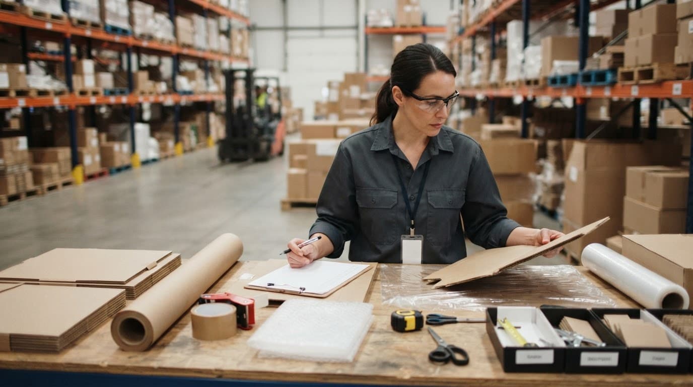 An employee evaluates packaging materials and boxes on a warehouse desk.