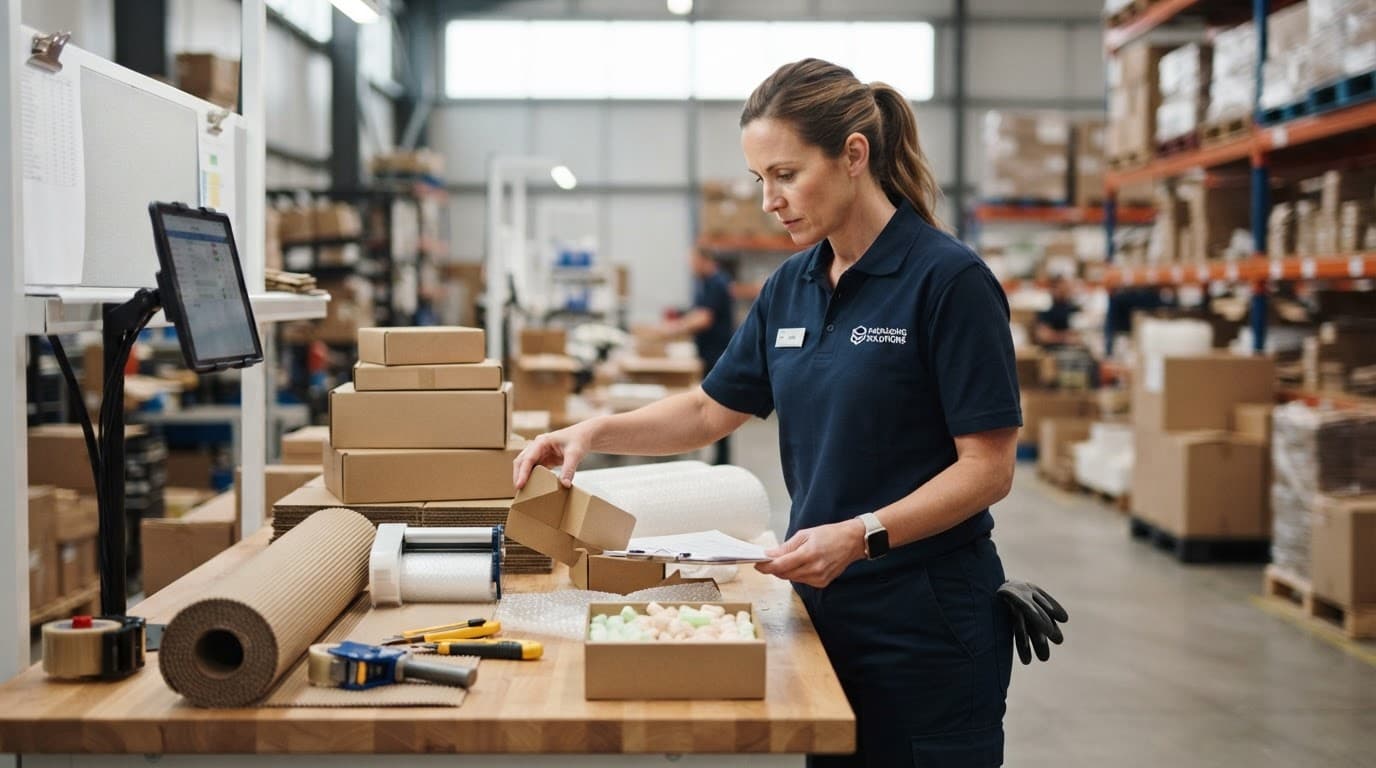 A warehouse supervisor compares packing supplies at a clean workstation.