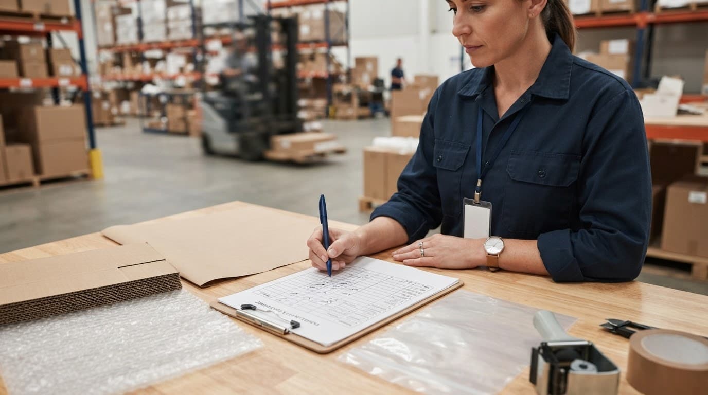 A person evaluating paper and plastic packaging samples with a scorecard on a warehouse desk.
